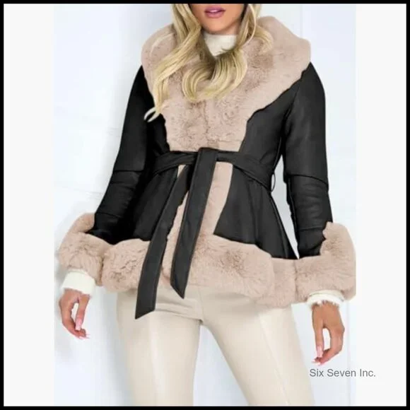 Faux Leather Jacket with Fur Collar Slim Fit Parka Coat - Picture 2 of 7